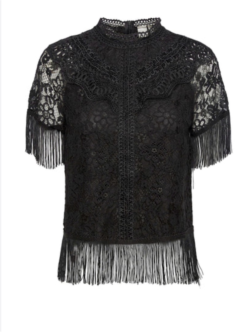 Black Lace Fringe Short-Sleeve Top